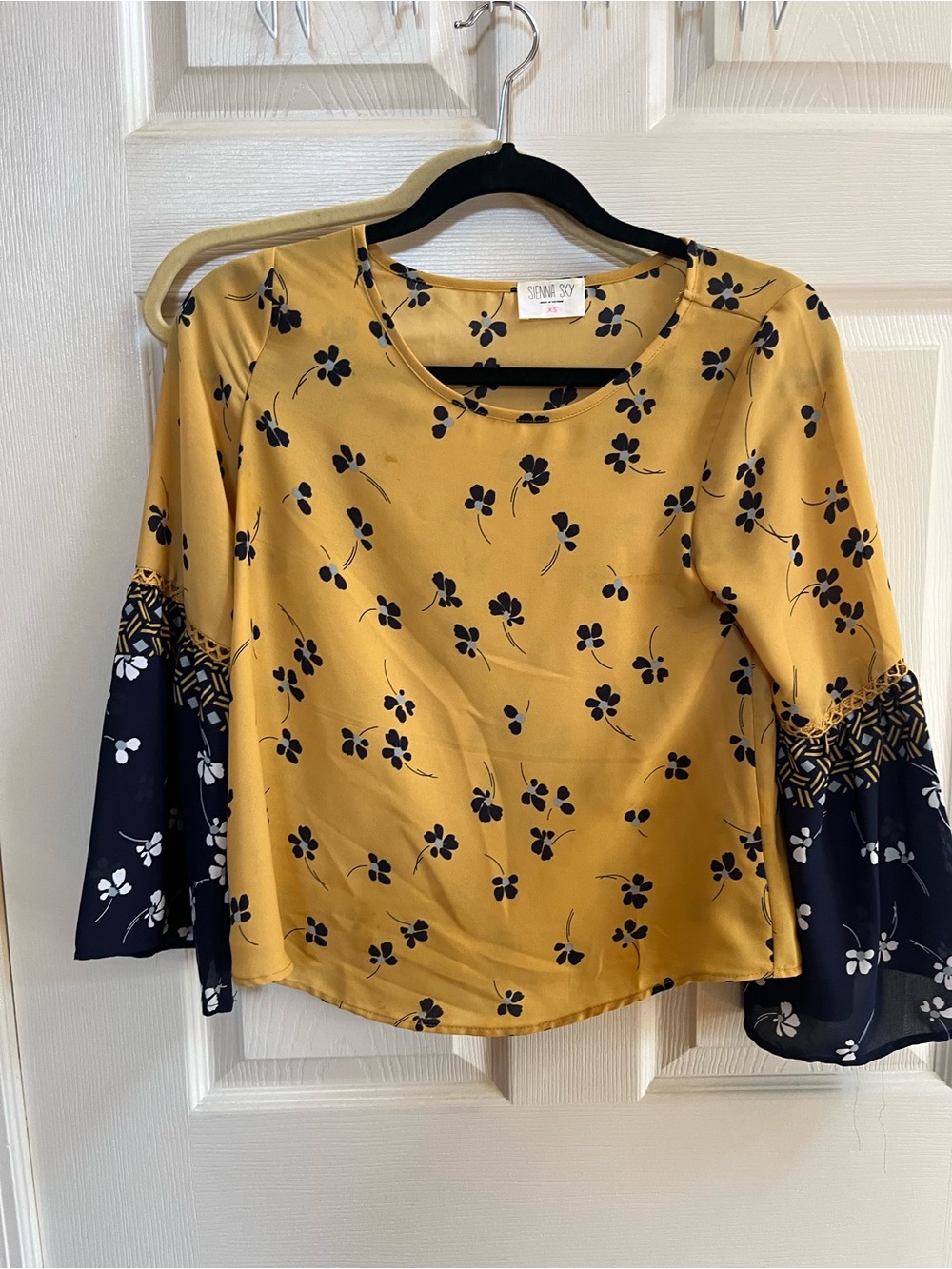Sienna Sky Mustard and Navy Floral Bell-Sleeve Crop Top